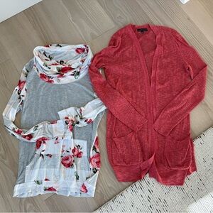 12 Pm By Mon Ami floral shirt and love Ellie Red Open-Front Cardigan